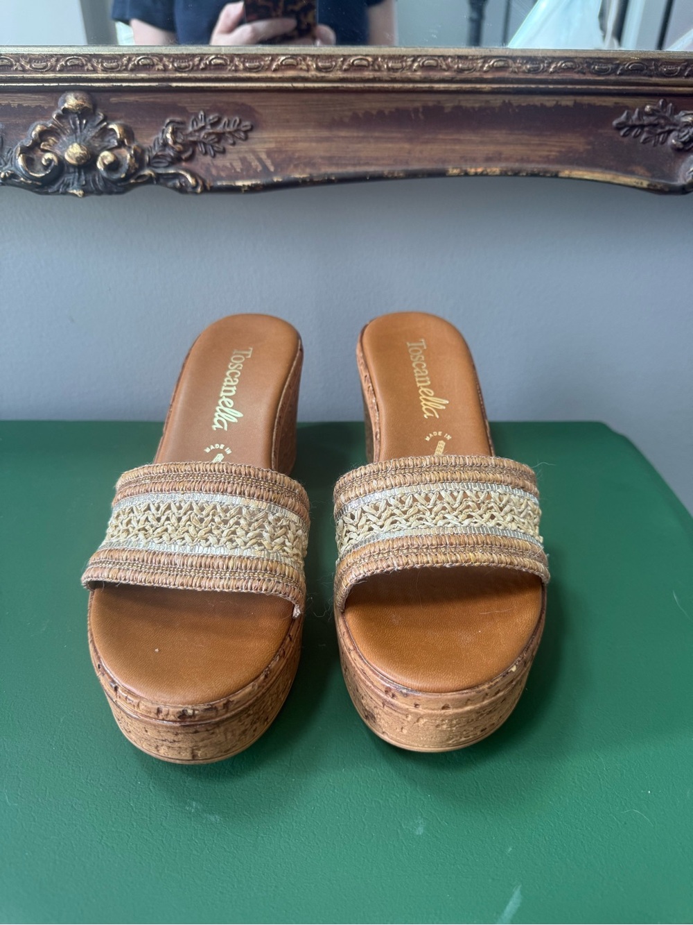 Tan Raffia Platform Slide Sandals